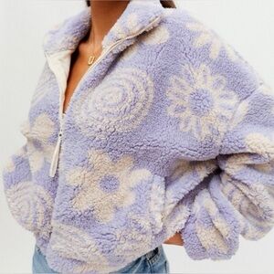 Urban Outfitters Olivia Sherpa Fleece Jacket Flower Purple Full Zip Womens S-P